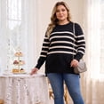 thumbnail image 4 of GRACE & GRANDEUR Women's Plus Size Striped Pullover Sweater Long Sleeve Crew Neck Knit Top with Side Slits 1X Black, 4 of 8