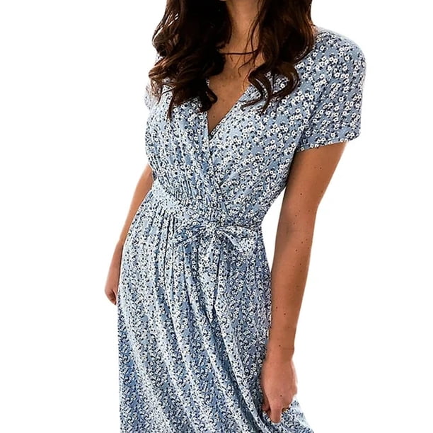 Vestido de mujer con estampado floral, manga corta, escote en V y fajas hasta la mitad de la pantorrilla
