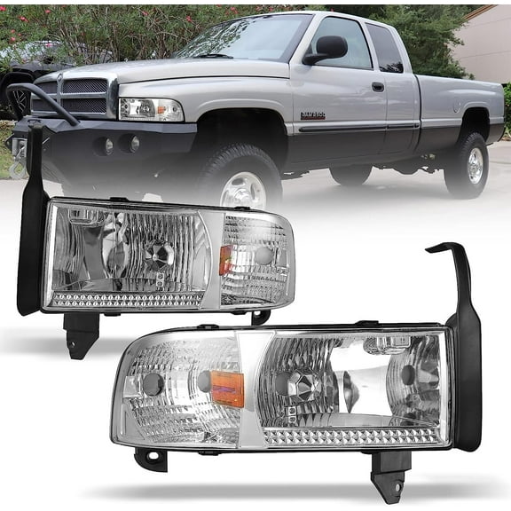 Headlights for 1994-2002 DODGE RAM 1500/2500/3500/4000 (NON SPORT) Pair Front Lamps Replacement Assembly Chrome Housing Head Lights