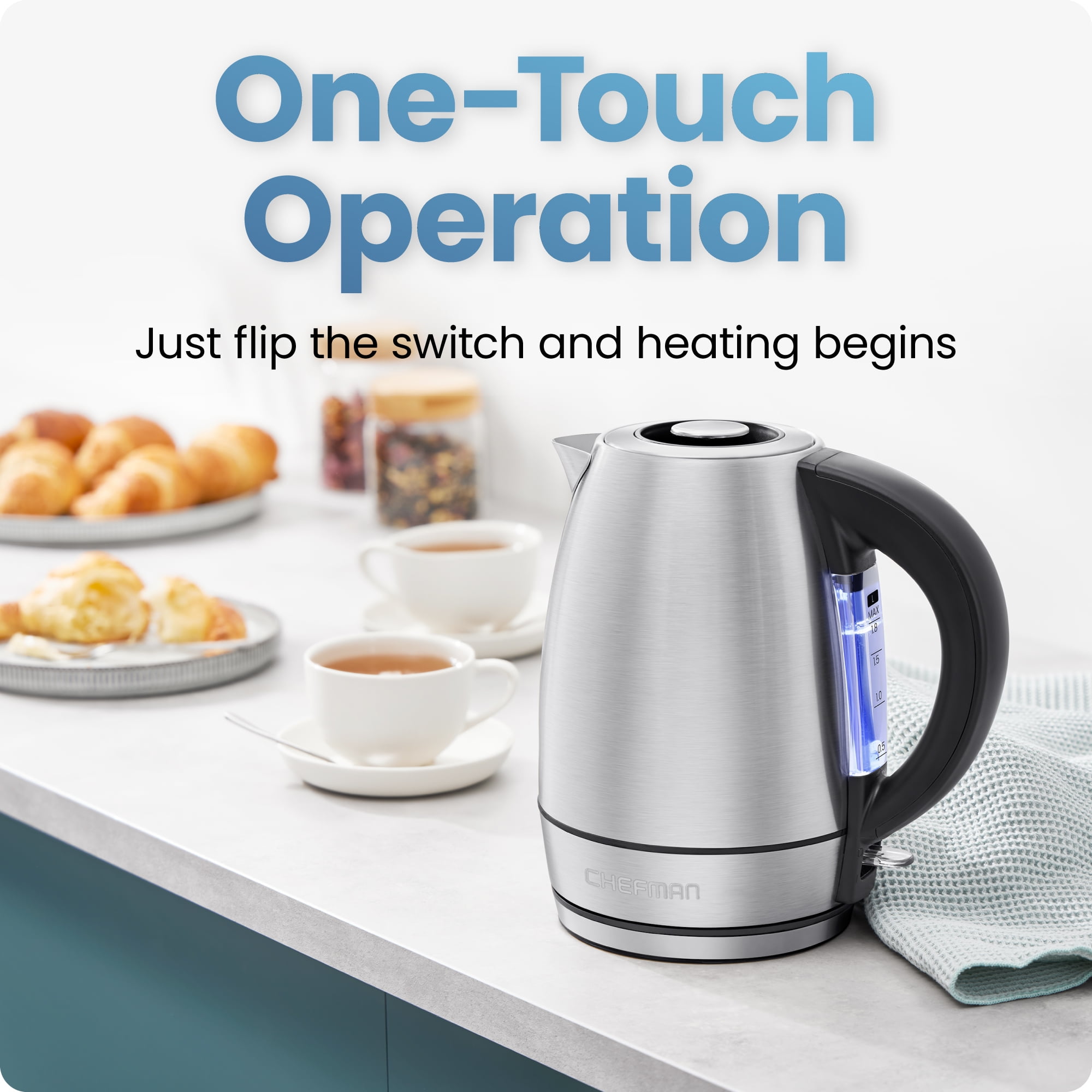 Chefman 1.8 Liter Electric Kettle, 1500W Rapid Water Boiler with Lift-Out Lid – Stainless Steel