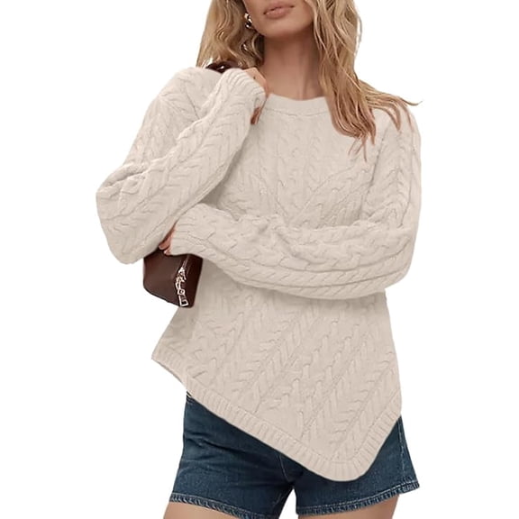 Czanzd Women's Cable Knit Asymmetrical Hem Sweater Crewneck Pullover Top-Apricot,L