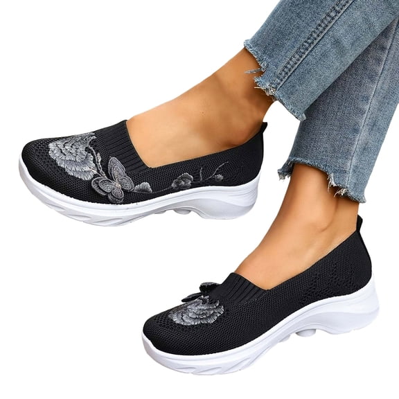 Women's Slip On Orthopedic Sneakers Embroidered Breathable Walking Wide Width Tennis Shoes with Arch Support Black Size 6.5