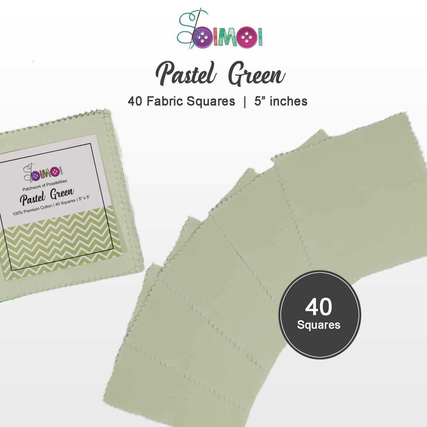 Soimoi 40 Pcs Solid Cotton Fabric Squares Bundles Charm Packs for Quilting, Fat Quarter Layer Cakes, Fabric Scraps for Crafts,Precuts Quilt Squares 5 x 5 inches, DIY Fabric Bundle - Pastel Green