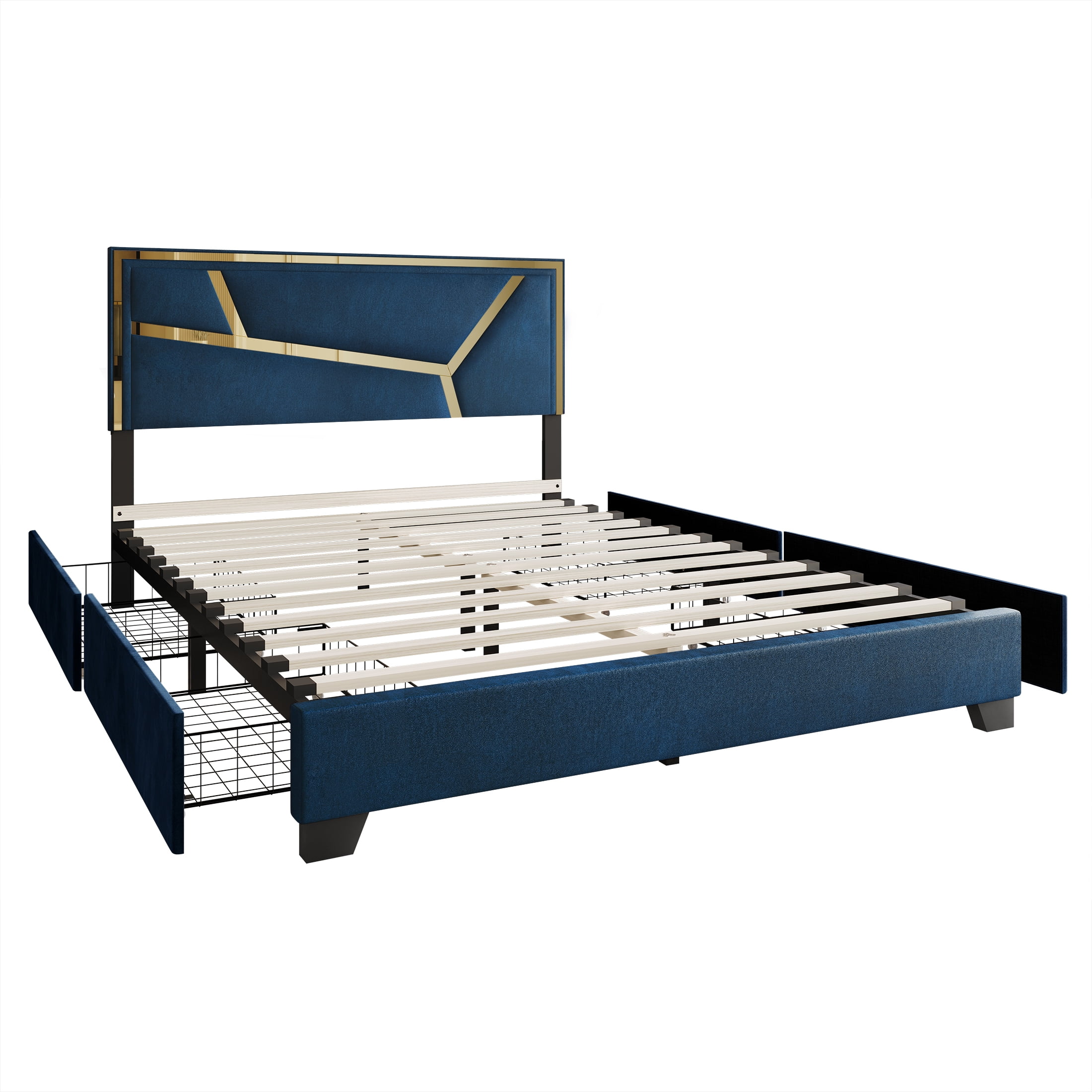 Castle Place Luxe Haven Velvet King Platform Bed with 4 Storage Drawers, Navy Blue