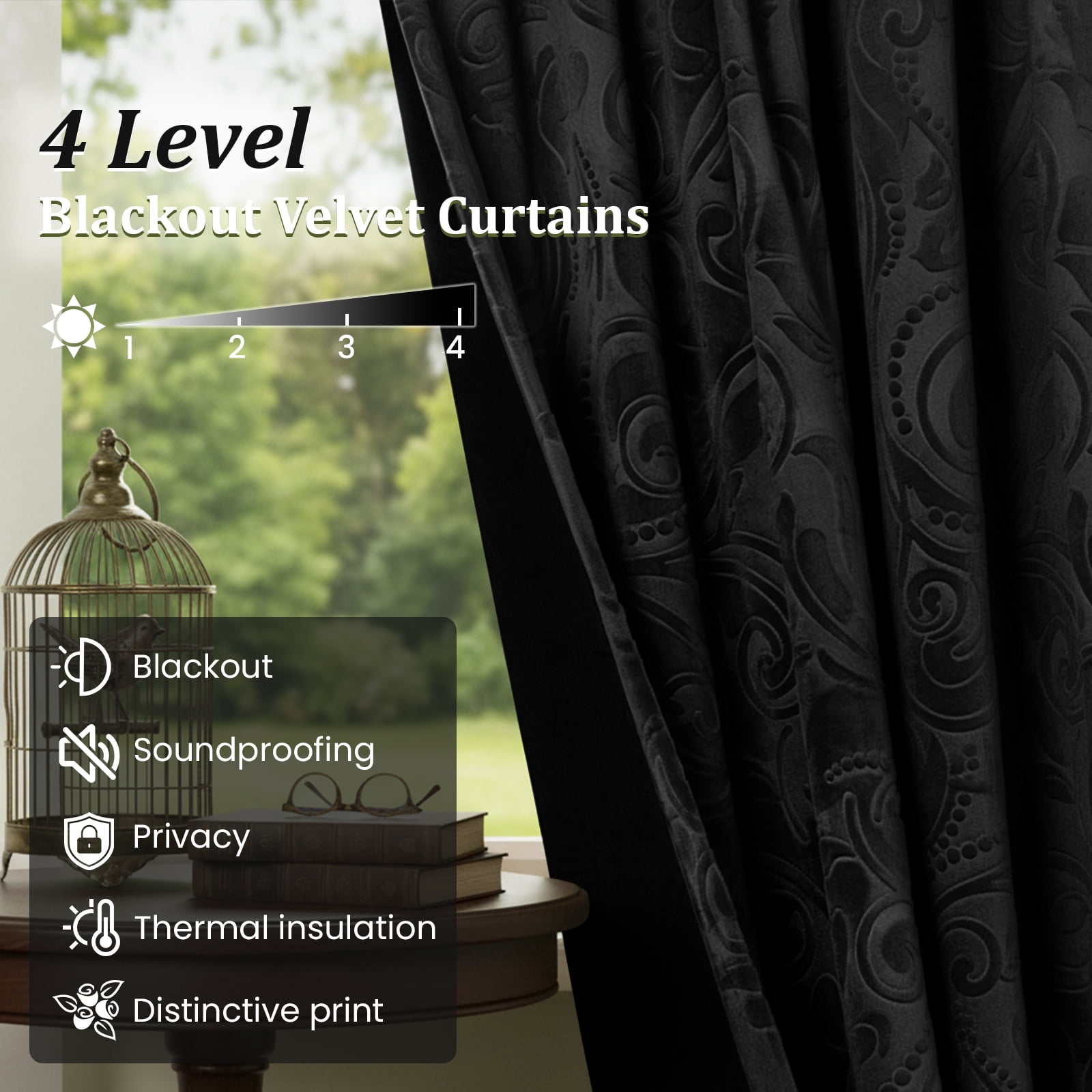 Lapalife Blackout Velvet Curtains, Scroll Floral Pattern Rod Pocket Thermal Insulated Velvet Curtain Drapes for Living Room, 2 Panels, 52"x 96", Black