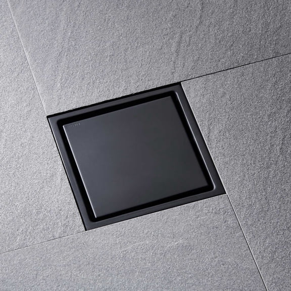 6 Inch Square Shower Drain - 2-in-1 Flat & Tile Insert Removable Cover 304 Stainless Steel with Flange & Hair Strainer Matte Black