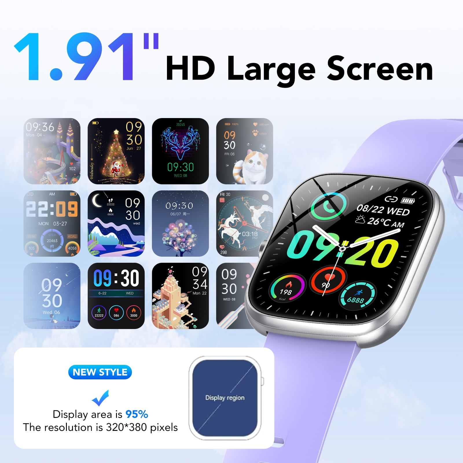 Smart Watch Fits for Android and Iphone, IP68 Waterproof Smartwatch for Women Men 100+ Sports Modes 1.91-inch Fitness Tracker, Smart Watch with Bluetooth Call(Answer/Make Calls), for Gift Purple