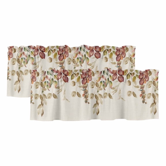Leaves Fall Curtain Valances for Windows, Kitchen Valance Window Treatments Panel 2 Pack, Thanksgiving Eucalyptus Leaf Rustic Rod Pocket Short Curtains for Bathroom Bedroom 42 x 12 Inch