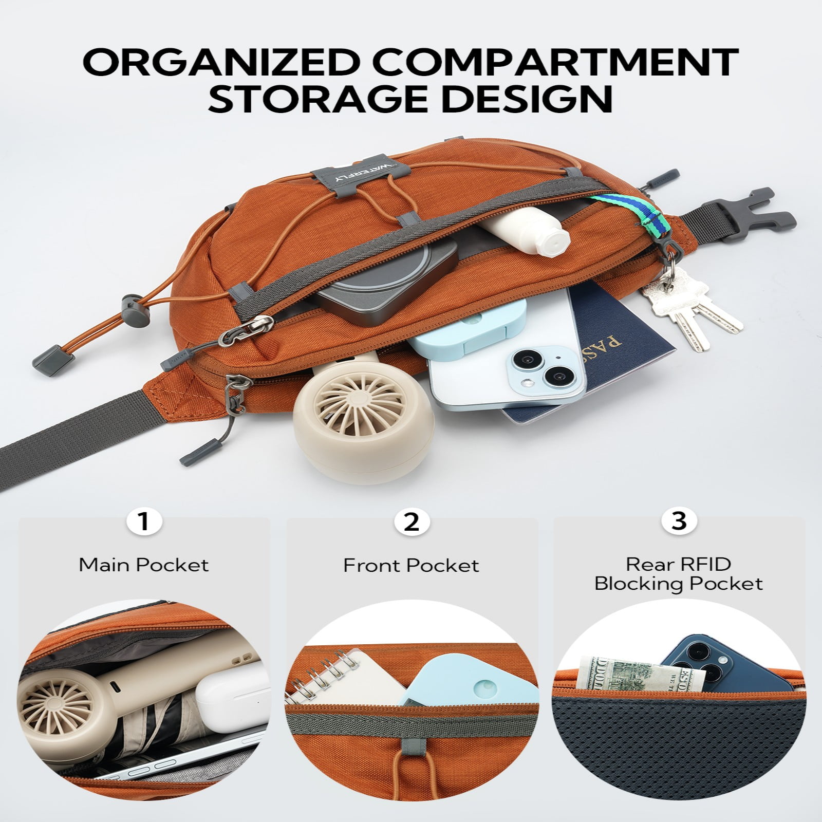 WATERFLY Unisex Anti Theft RFID Blocking Hiking Running Nylon Fanny Pack Waist Bag,Brown