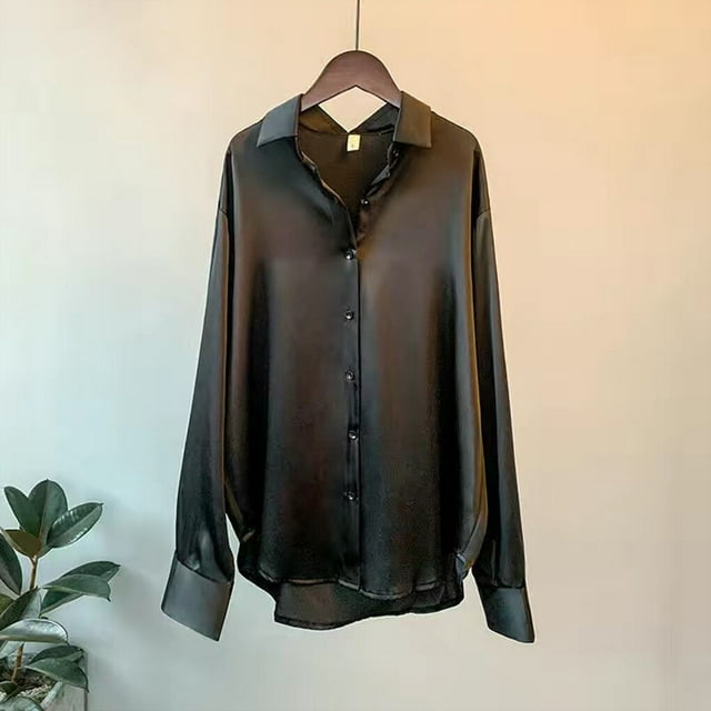 Chemise Boutonnée Style Décontracté pour Femme Voyage Randonnée Travail Réunion Femme Unie Polyester Blouse à Col à Revers Manches Longues Vêtements Vêtements Noir 3TG