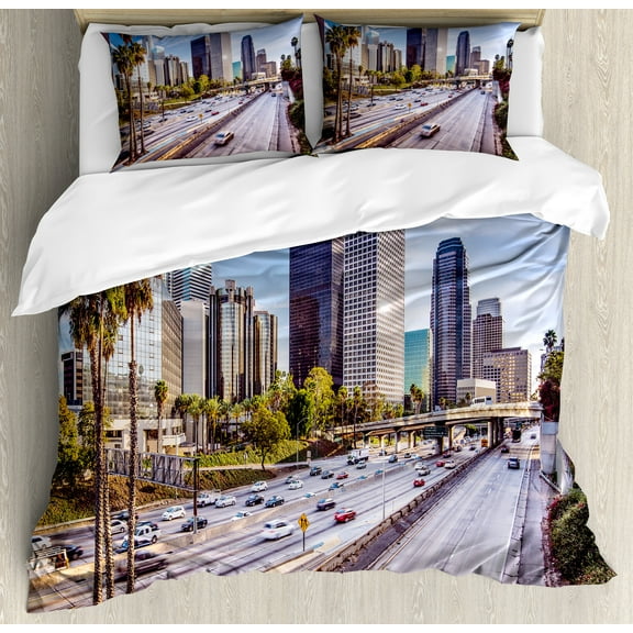 Travel Duvet Cover Set, Downtown Cityscape of Los Angeles California USA Avenue Buildings Palms Print, Decorative 3 Piece Bedding Set with 2 Pillow Shams, Calking Size, Blue Grey Green, by Ambesonne