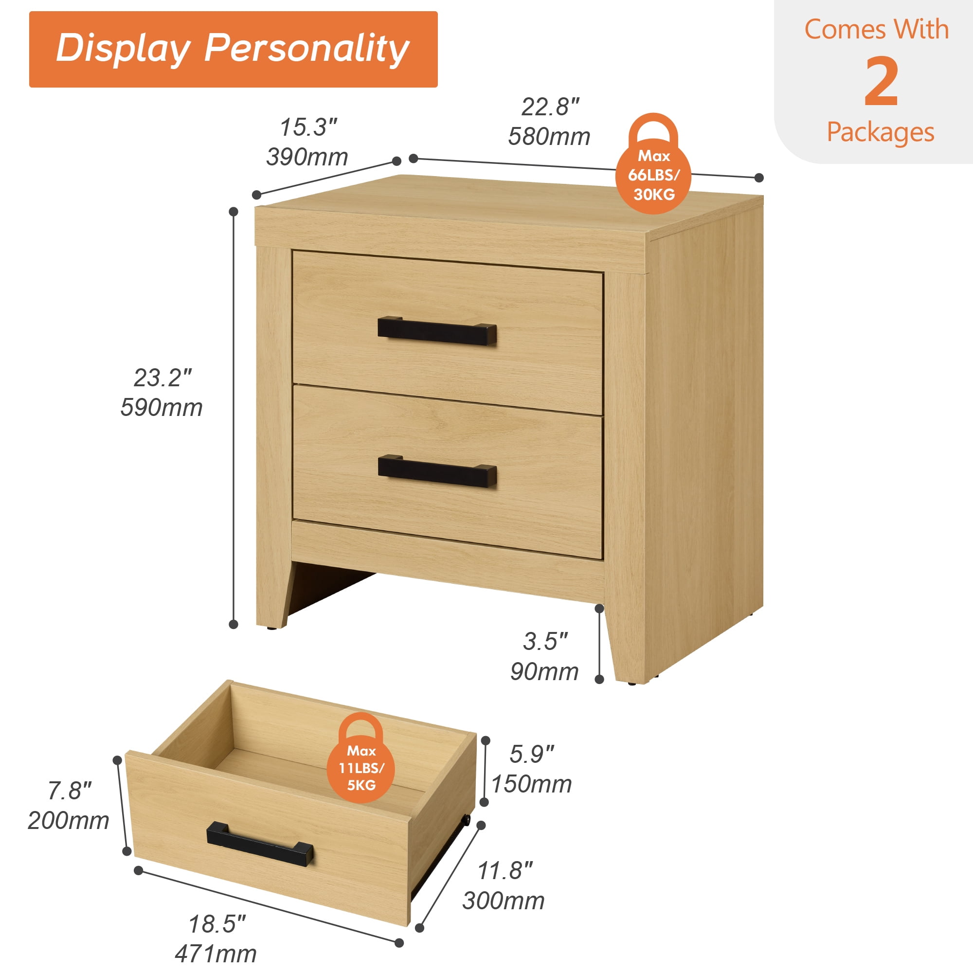 Set of 2 Farmhouse Rustic Wooden Nightstand With 2 Smooth‑Glide Storage Drawers,Solid‑Base Bedside End Table,Multi‑Purpose Accent Side Cabinet For Bedroom,Living‑Room,Oak
