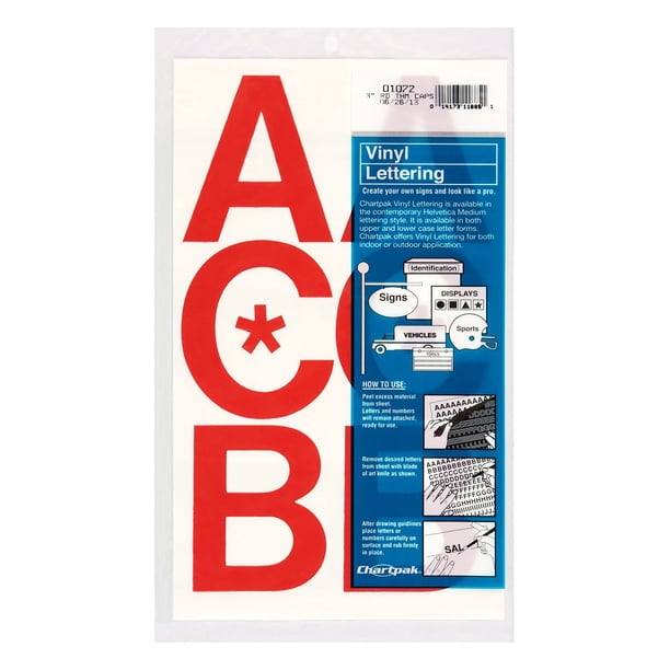 Chartpak Letras Mayúsculas De Vinilo Autoadhesivo, 3 Pulgadas De Alto, Rojo, 50 Por Paquete (01072)