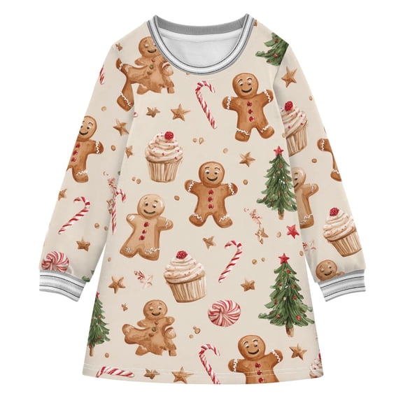 Girls' long-sleeved dress Christmas Tree Gingerbread Man Cupcakes Girls' A-line dress with ribbed cuffs Soft and comfortable