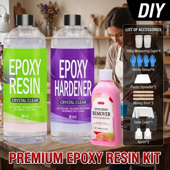 16oz Crystal Clear Art Grade Epoxy Resin Set With Pump & 250ml Resin Cleaner, Fast-Curing 2-Part Kit, Ideal For Coating, Casting, Art, Jewelry, Tabletops, Bar Counters & Solid Wood Side Tables