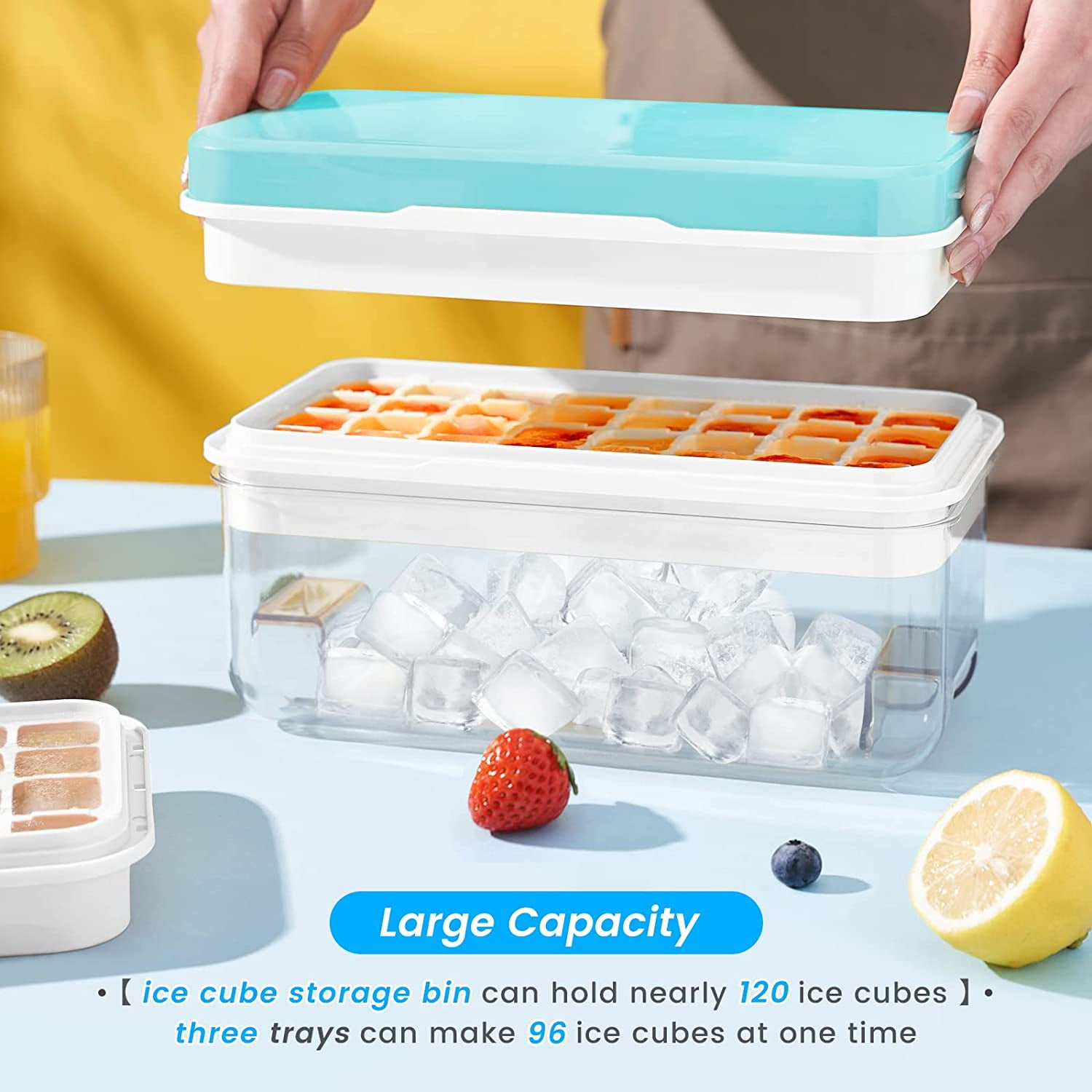Ice Cube Tray with Lid and Bin, 3 Pack Plastic Ice Cube Tray Molds, 96(4 * 8 * 3) pcs Ice Trays for Freezer, Chilling Drinks, Whiskey & Cocktails, with Ice Container and Ice Scoop, BPA-Free