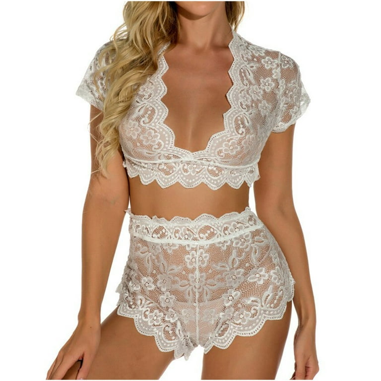 Sexy Sheer Floral Lace Pajamas Lingerie Set High Waist Sleepwear Bra And  Panty 2 Piece Nightwear Size Xl