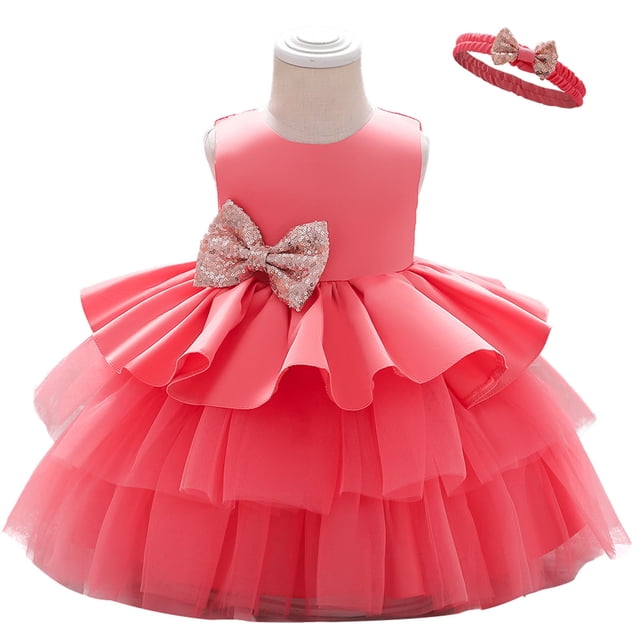 KIHOUT Robes pour Filles Robes pour Tout-Petites en Tulle Broderie Strass Nœud Robe de Fête d'Anniversaire Longue Robes Ensemble avec Bandeau