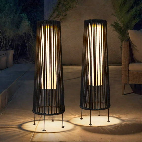 Outdoor Floor Lamp 2 Piece Solar Powered Lantern Wicker Solar Patio Lamp
