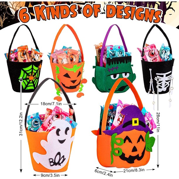 6 Pack Halloween Trick or Treat Bucket Portable Felt Candy Holder Bag  Pumpkin Spider Web Monster Ghost Skeleton Tote Goodie Gift Bags for Kids  Halloween Party Favor Supplies 