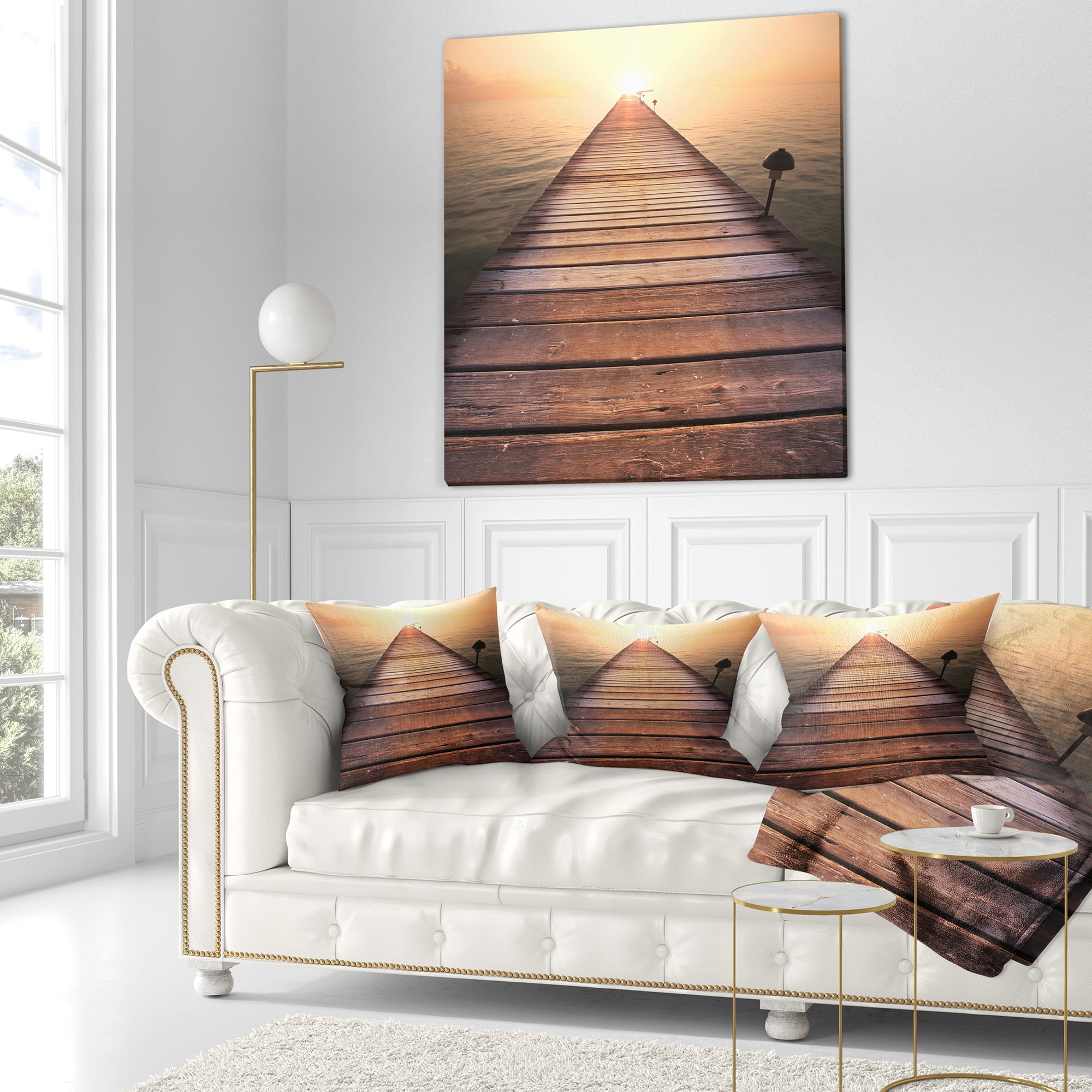 Designart Long Wooden Boardwalk into Sea - Seashore Throw Pillow - 16x16