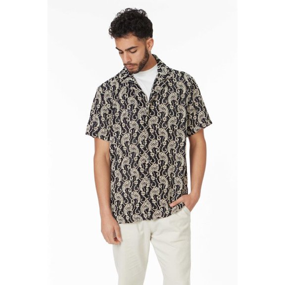 Hawks Bay Men's Crochet Textured Short Sleeve Shirt Spread Collar Black White