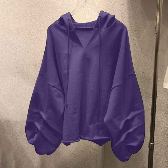 CQONEPT Womens Sweatshirts Puff Sleeve Drawstring Pullover Tops V Neck Casual Hoodies Loose Fit Clothes Purple 2XL