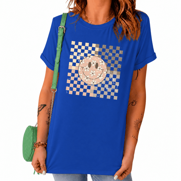 UNISHE Women's Daisy Smiley Face Graphic Short Sleeve T-Shirts Blue Trendy Summer Tops