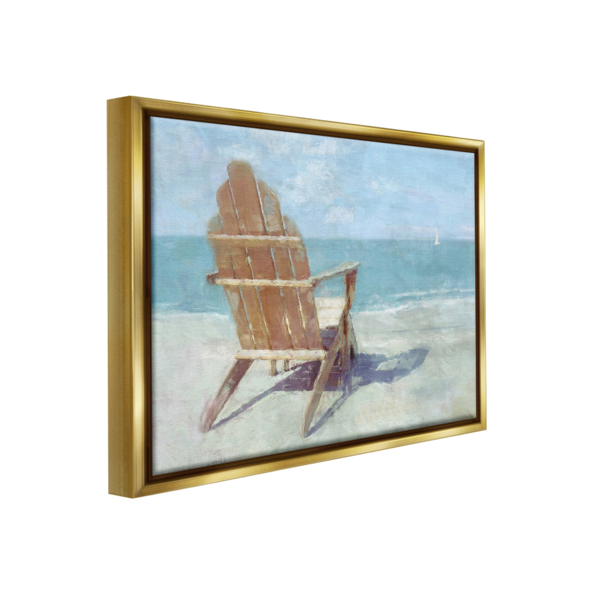 Stupell Industries Chair with Sailboat View Landscape Painting Gold Floater Framed Canvas Art Print Wall Art, 31 x 25