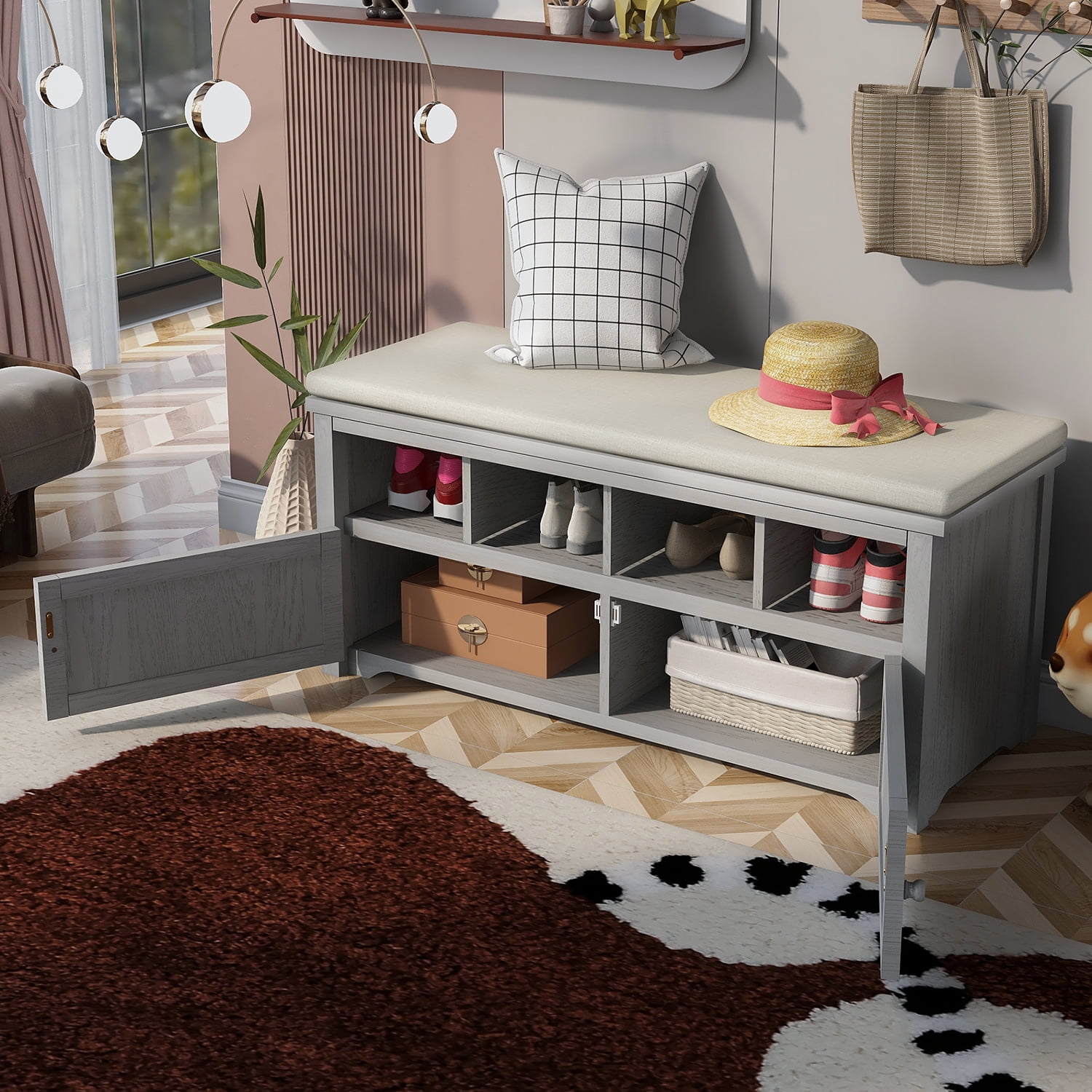 Kadyn Rustic Style Two-Door Storage Bench, Shoe Entryway Bench with Linen Upholstered Top Cushion, Pine Organizer Footrest Bench Ottoman for Entryway, Gray Wash Kadyn Rustic Style Two-Door Storage Bench, Shoe Entryway Bench with Linen Upholstered Top Cushion, Pine Organizer Footrest Bench Ottoman for Entryway, Gray Wash