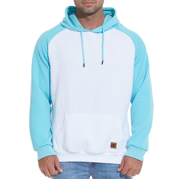 Satankud Men's Pullover Hoodies Plaid Jacquard Color Block Long Sleeve Casual Hooded Sweatshirts with Kanga Pockets White/Sky Blue L
