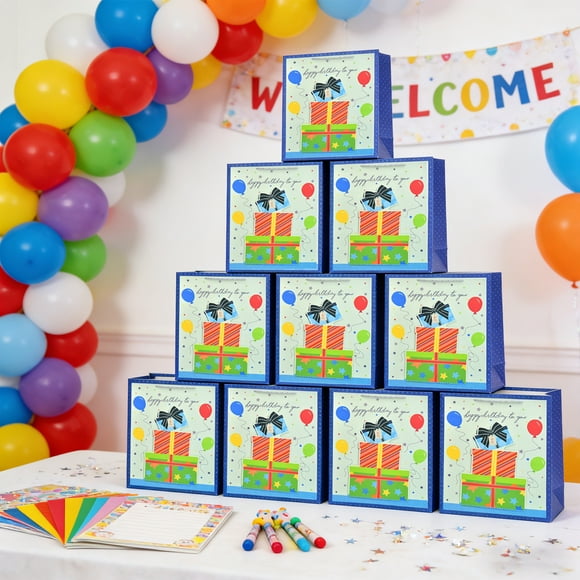 Bolsas de regalo de cumpleaños coloridas | Bolsas de papel para recuerdos de fiesta y refrigerios | Caja de regalo multicolor de 24 x 18 x 8,4 cm
