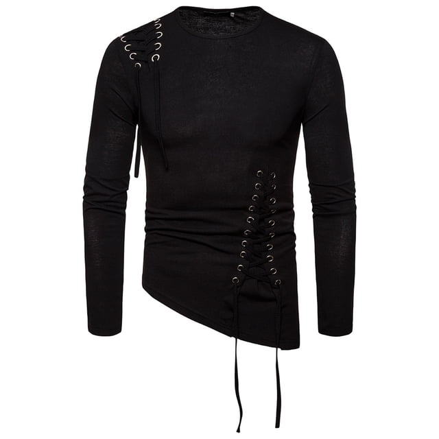 Men's T-Shirts Aqestyerly Men's Solid Color Slim Irregular Hem Round Neck Long Sleeve Multi-Code