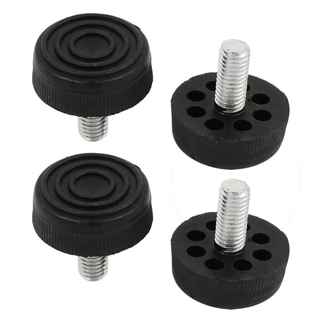 Unique Bargains M8 Male Thread Furniture Table Plastic Base Adjustable Leveling Feet in black, set of 4. Designed for light-duty furniture and shelving units with threaded sockets, these screw-on leveling feet feature a durable plastic base and threaded metal shaft for adjustable height and floor protection.