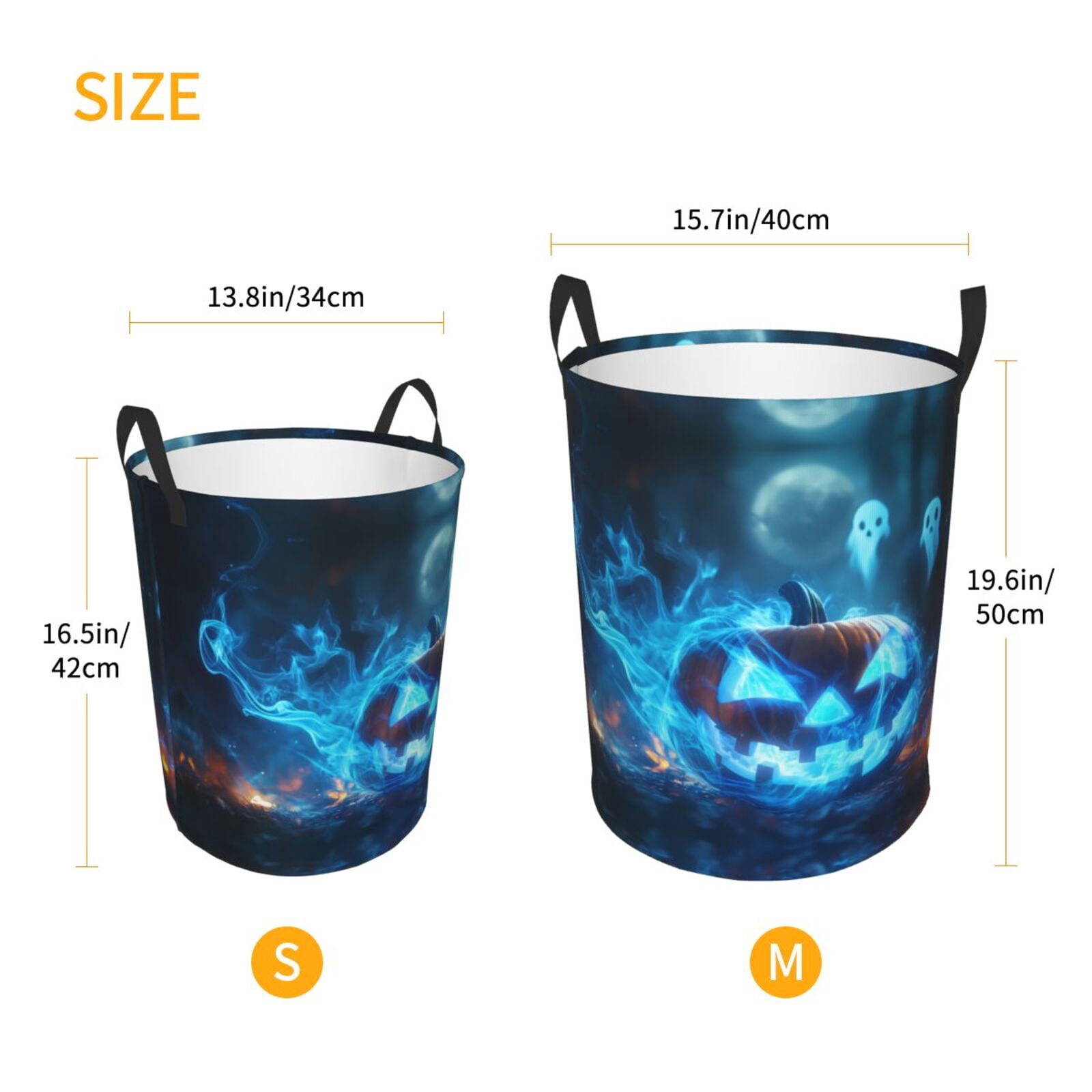 Large Laundry Basket with Handles - Halloween Blue Flame Pumpkin Ghost Kids Baby Dirty Clothes Laundry Hamper for Bedroom Aesthetic