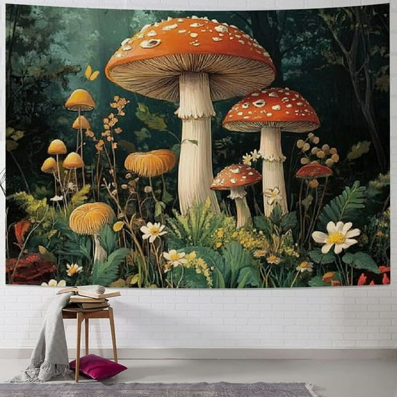Patifu Mushrooms Flowers Forest Tapestry Wall Hanging Unique Style Graphic Tapestries for Home Wall Decor Living Room Bedroom Apartment Dorm Farmhouse - 4 Sizes Available 40x30inch