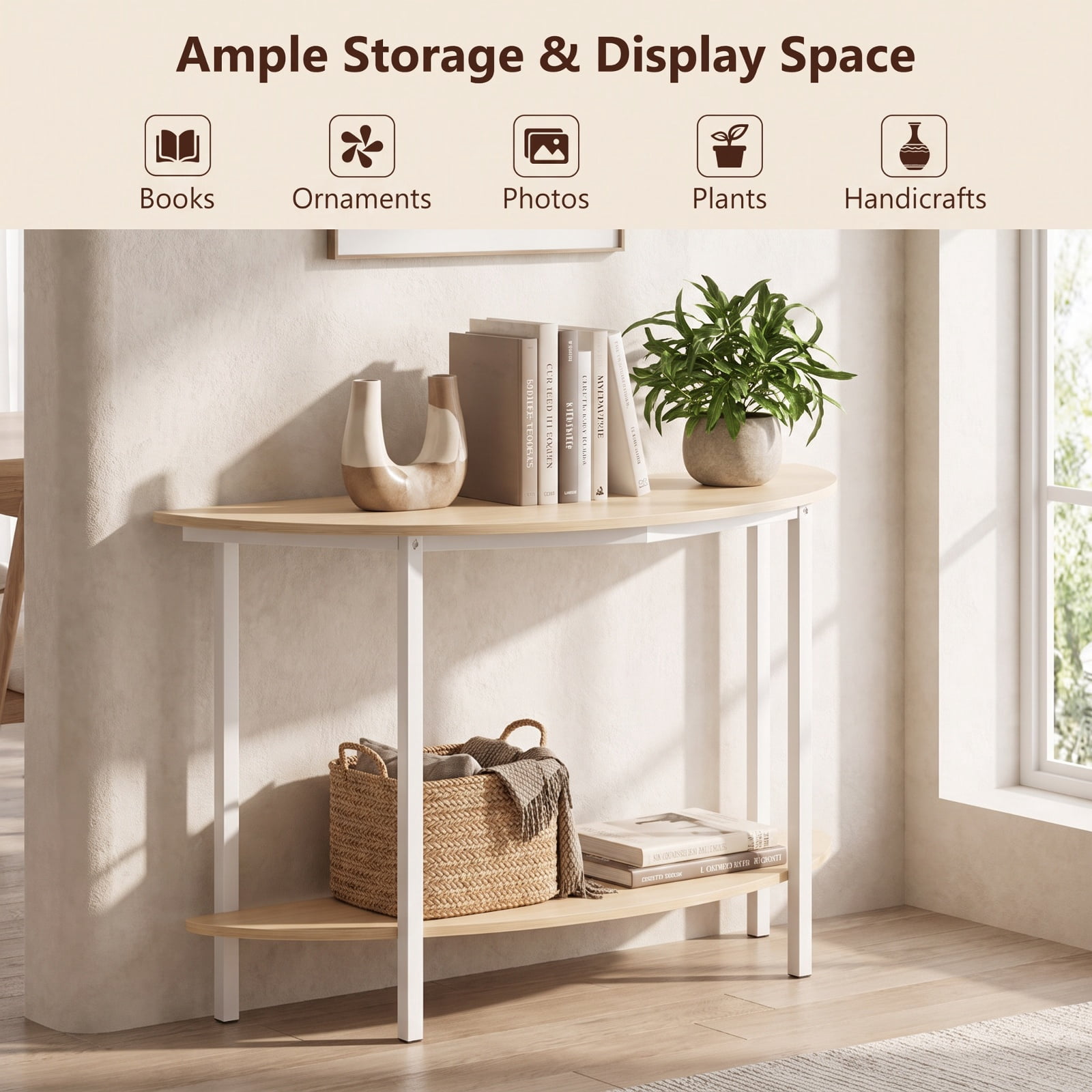 Furnibear Half Moon Console Table 40 Inch 2 Tier Entryway Table with Storage Shelf and Metal Frame for Foyer Hallway and Living Room, Oak