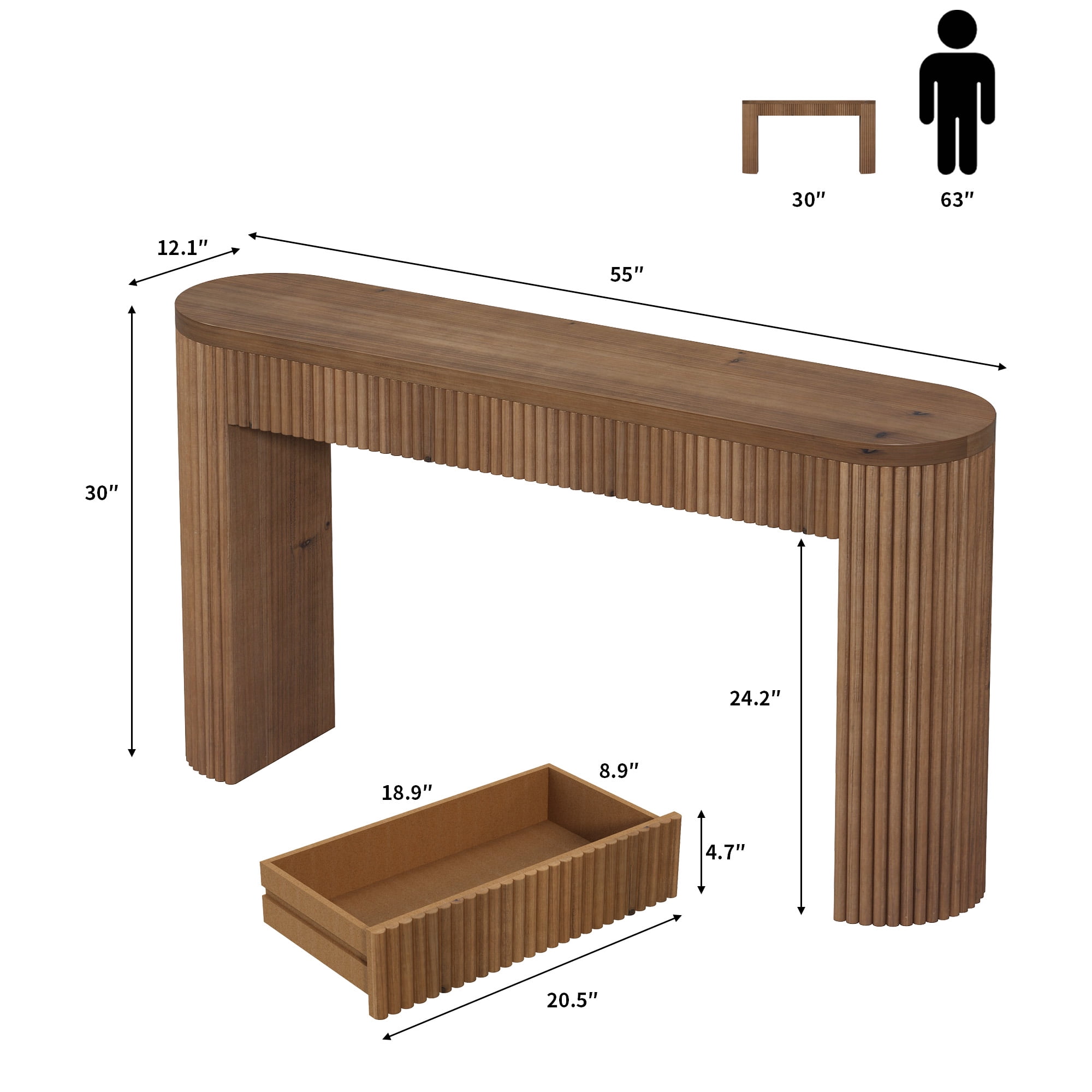 55'' Solid Wood Fluted Console Table with Drawer, Narrow Entryway Table Behind Couch for Living Room Hallway, Brown