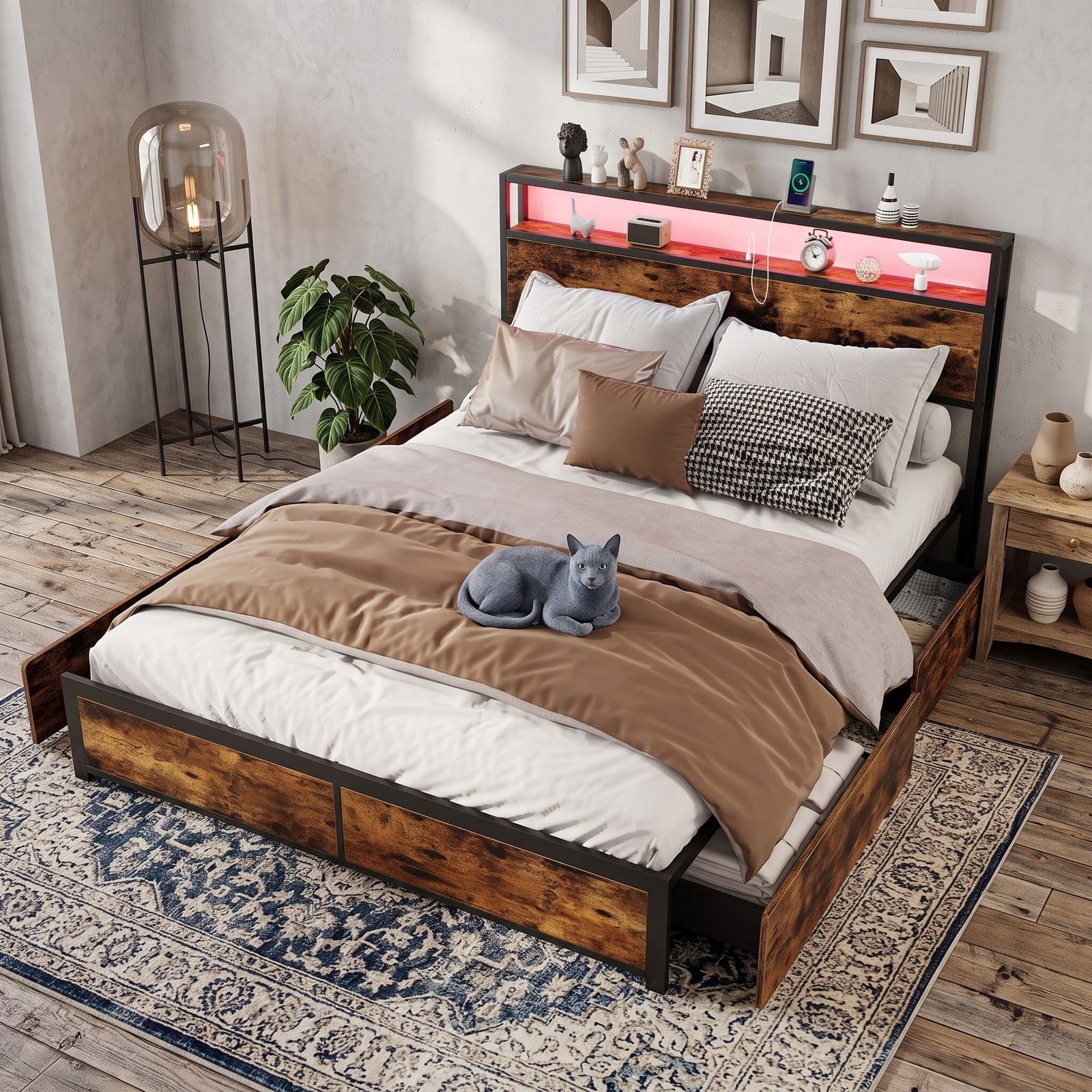 Furnibear Queen Size Bed Frame with 4 Storage Drawers, Metal LED Platform Bed with Charging Station and 2-Tier Headboard, Rustic Brown
