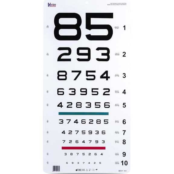 Snellen “Number" Eye Chart with Red & Green Lines 20 Ft Size 22 x 11 Inch's