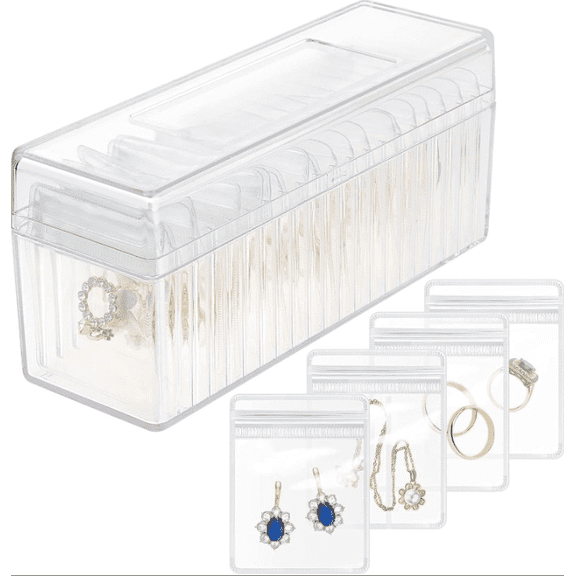 Acrylic Jewelry Box Organizer with Travel Pouches – Clear Jewelry Storage Case for Earrings, Rings, Necklaces, Compact Travel Organizer, Great Gift for Women – Includes 20 Anti-Tarnish Bags