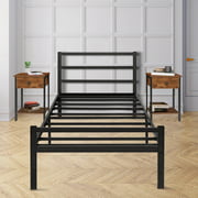 Lusimo Twin Bed Frame with Adjustable Headboard No Box Spring Needed 14 inch Metal Platform Bed Frame with Storage Twin Size, Black