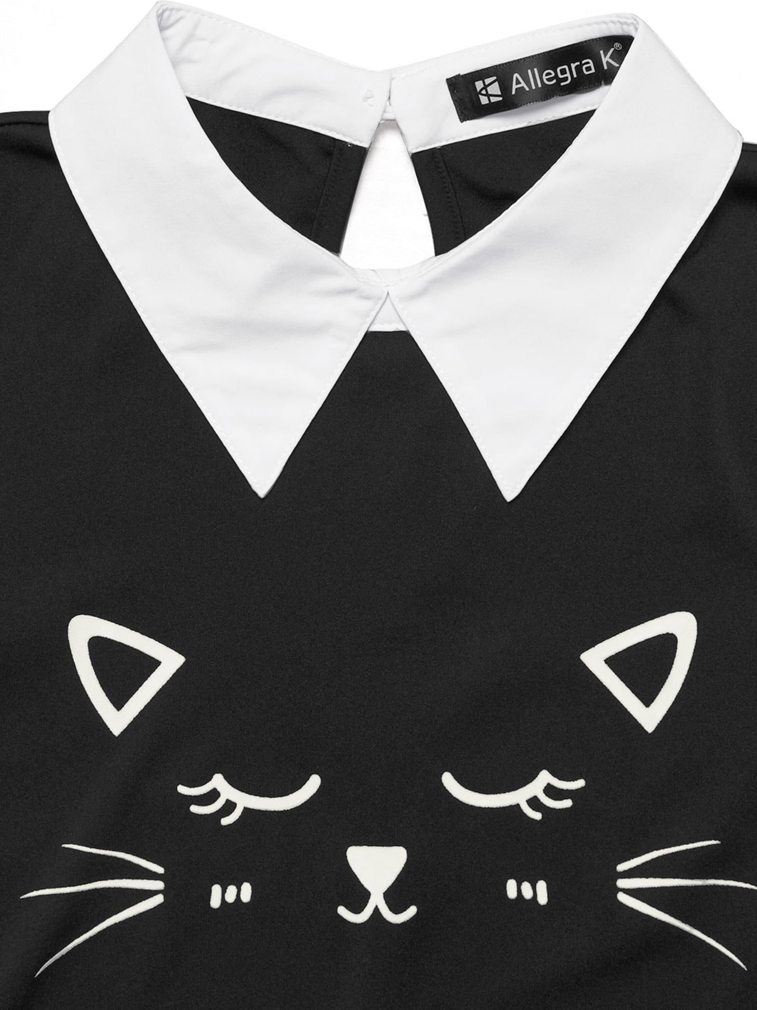 Unique Bargains Women's Cat Face Print Contrast Collar Flare Hem Dress