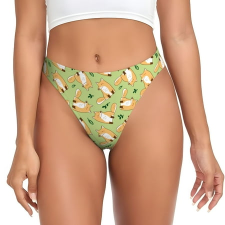 Qokaie Cartoon Fox 2 Printed Women s Cotton Thong Underwear  Sexy Breathable Panties G-string-Large