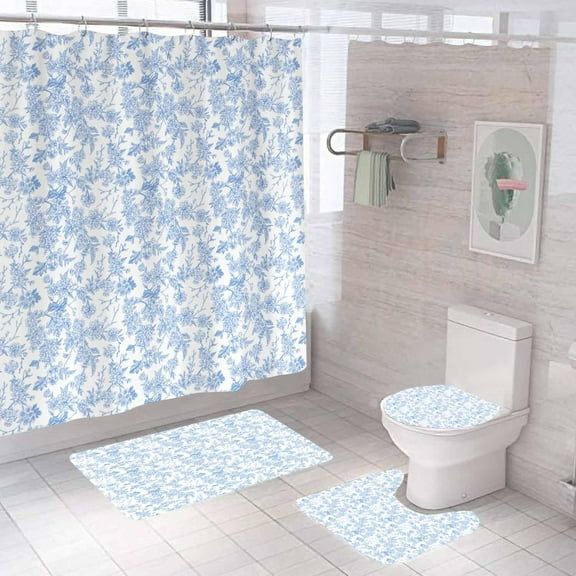 4PCS Blue Floral Shower Curtain Sets with Rugs, Waterproof Fabric White Shower Curtain, Spring Wildflower Flower Leaves Leaf Plant Botanical Aesthetic Country Rustic Farmhouse Bathroom Decor