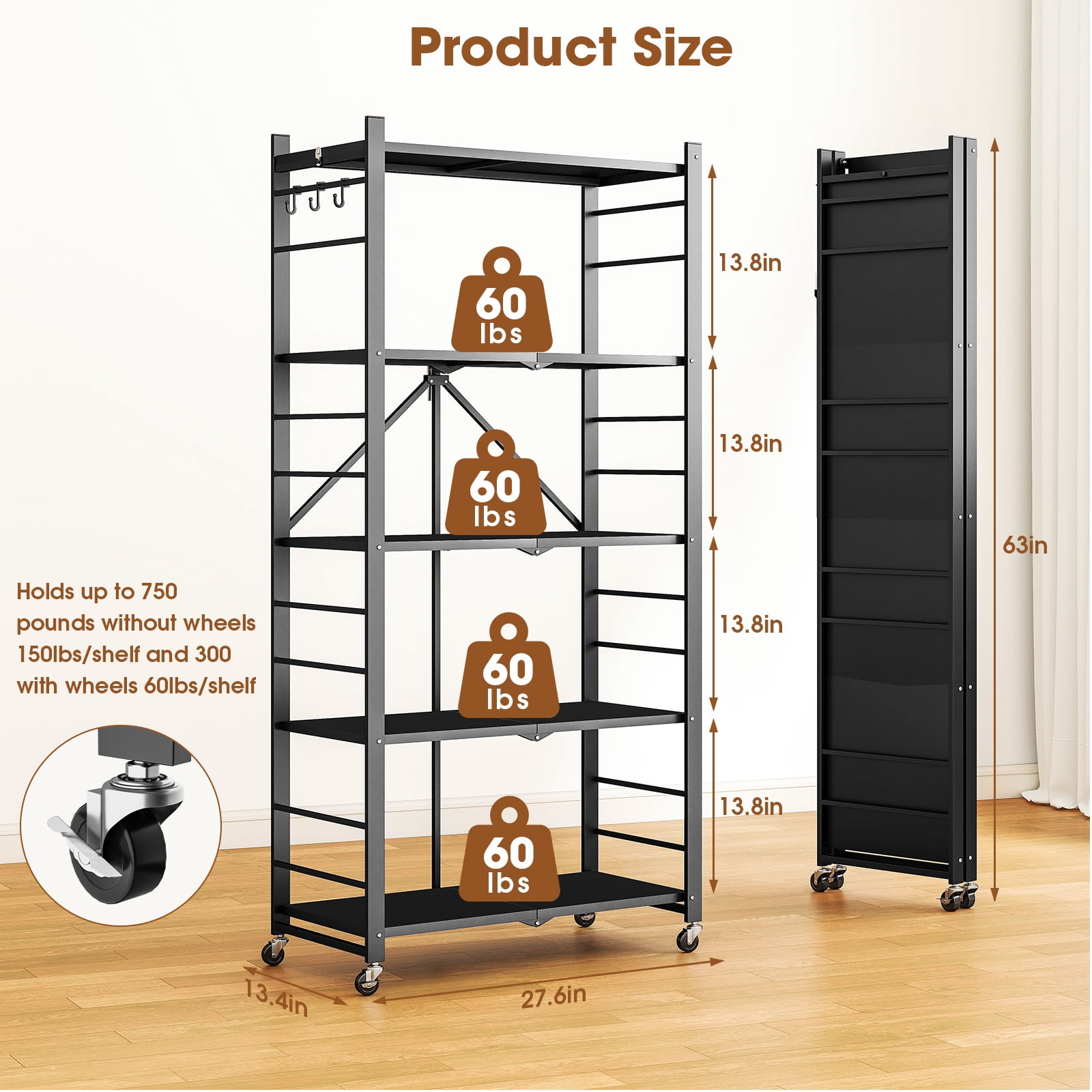 Fenbeli Storage Shelves,5-Tier Foldable Metal Wire Storage Shelf with Wheels, Heavy Duty Organizer Rack for Garage, Kitchen, Closet, Black