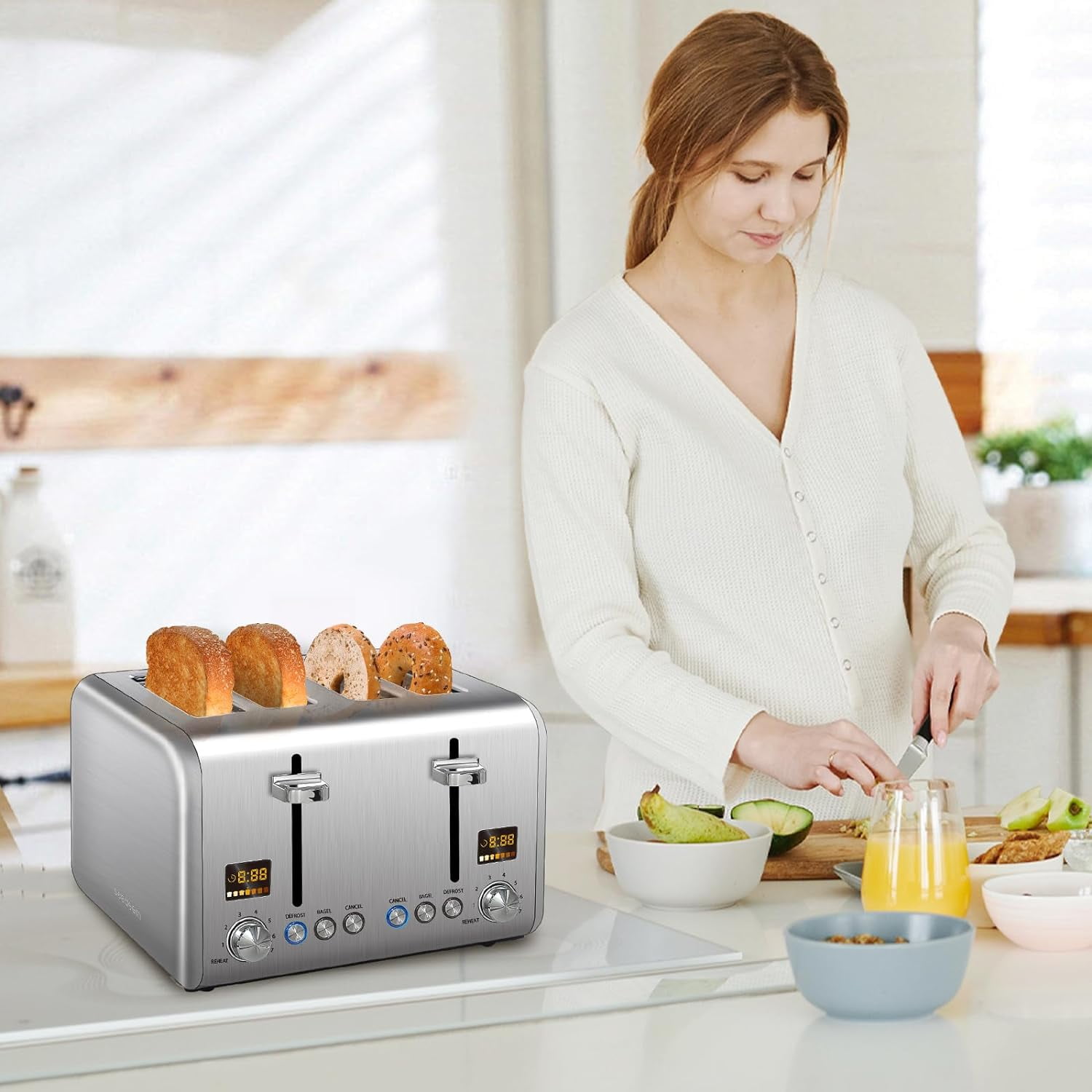 4 Slice Stainless Toaster with LCD Display, 7 Shade Settings, Wide Slots, Bagel/Defrost/Reheat Functions, Removable Crumb Tray, 1800W