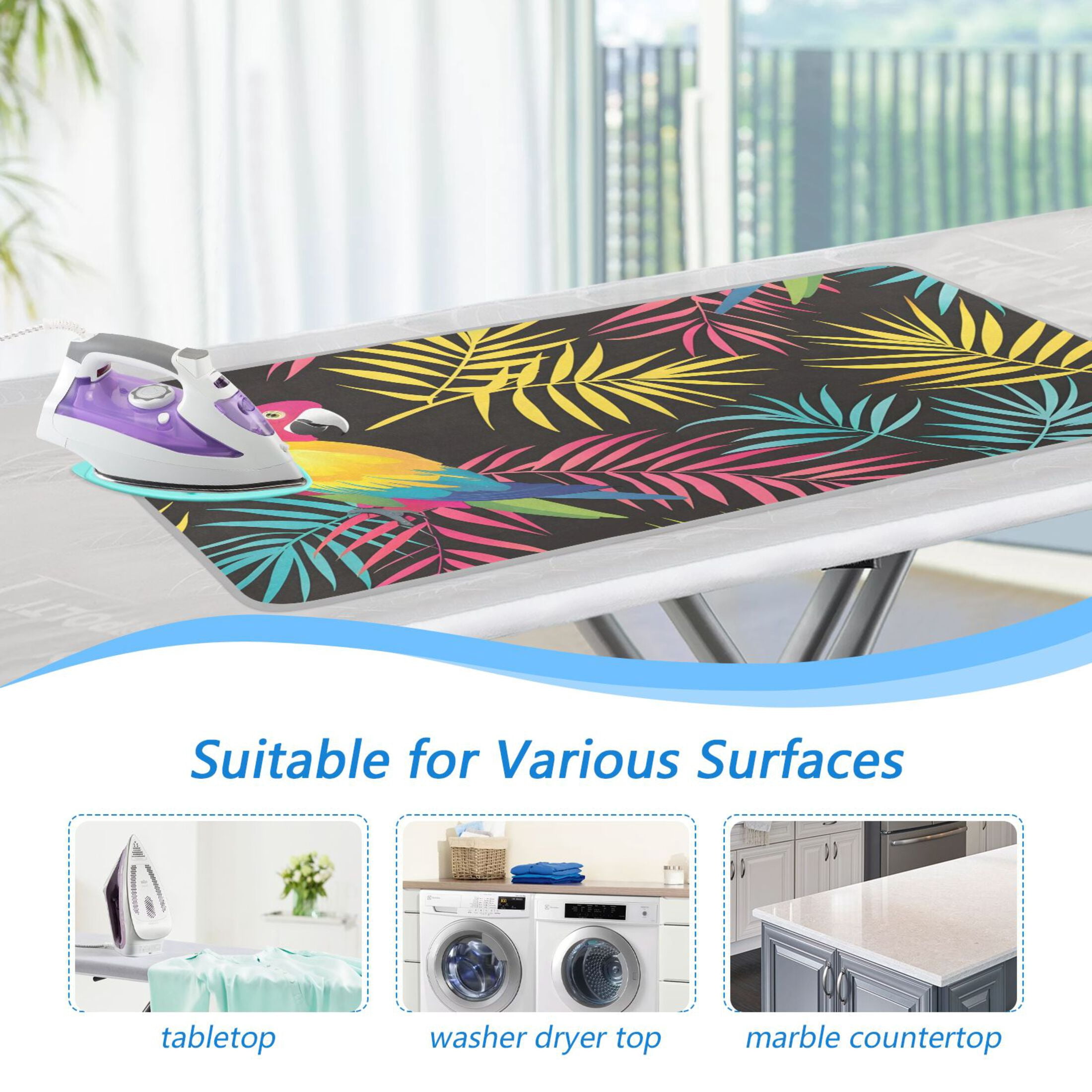 Parrots with Colorful Palm Leaves Ironing Mat Blanket Portable Travel Ironing Pad Heat Resistant Pad 47.2" x 27.6”