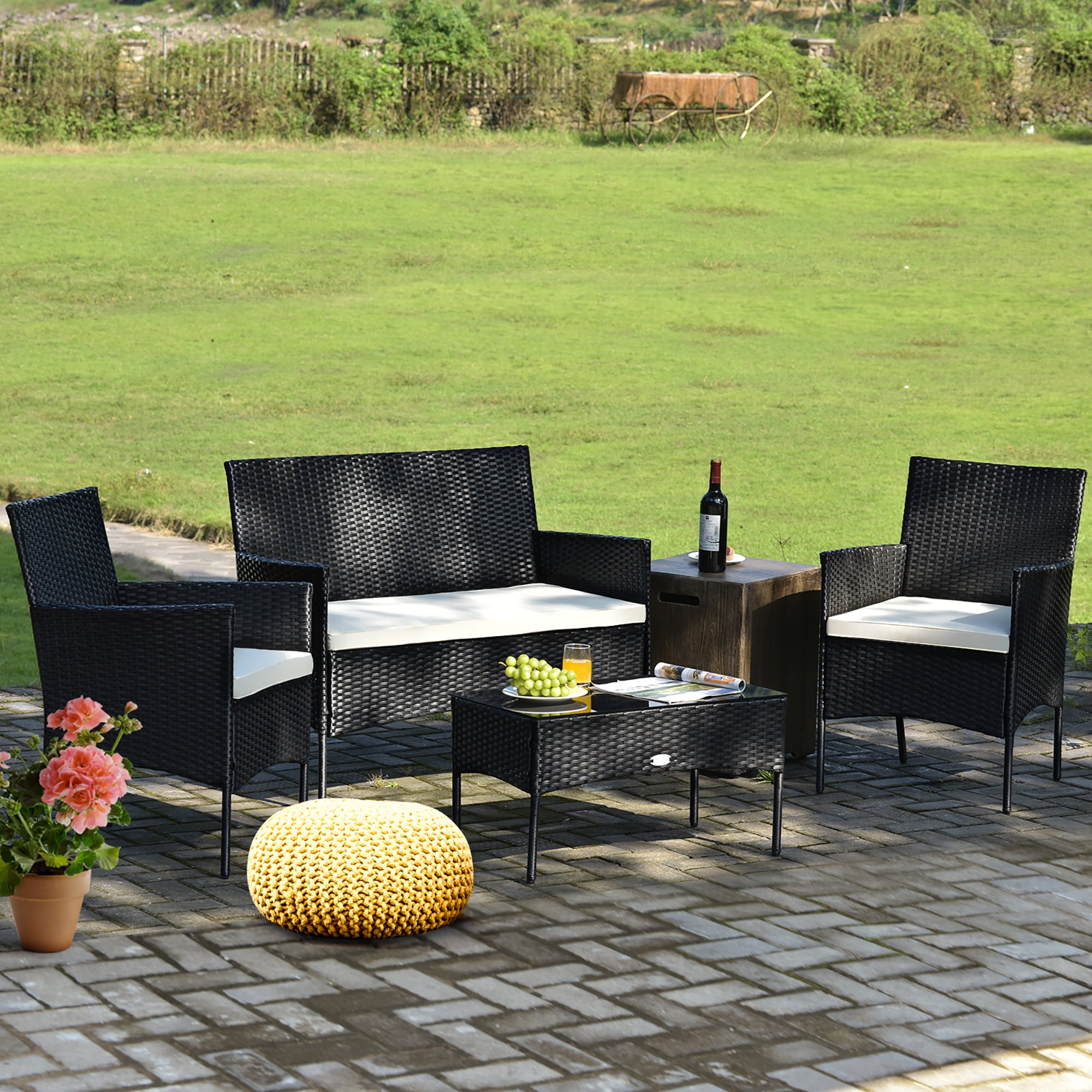 Costway 4PCS Patio Rattan Furniture Set Cushioned Sofa Coffee Table Backyard Porch White