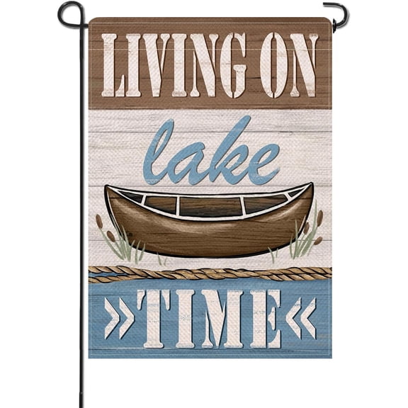 Spring Summer Living on Lake Time Small Decorative Garden Flag, Lakehouse Boat Farmhouse Yard Lawn Outside Decor, Rustic Burlap Outdoor Home Decoration Double Sided 12.5 x 18